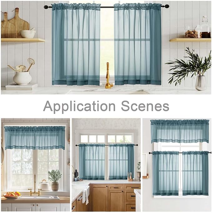 Kitchen Curtains 24 Inch Length Tier 2 Pieces, Dusty Blue Sheer Curtain Solid - Image 6