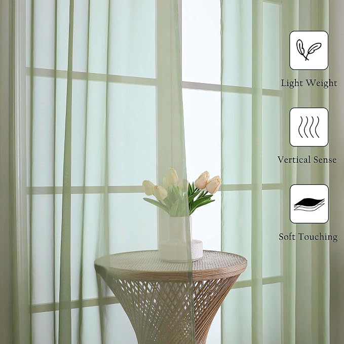 Sage Green Sheer Curtains 96 Inches Long 2 Panels, Solid Airy Voile Dual Rod - Image 6