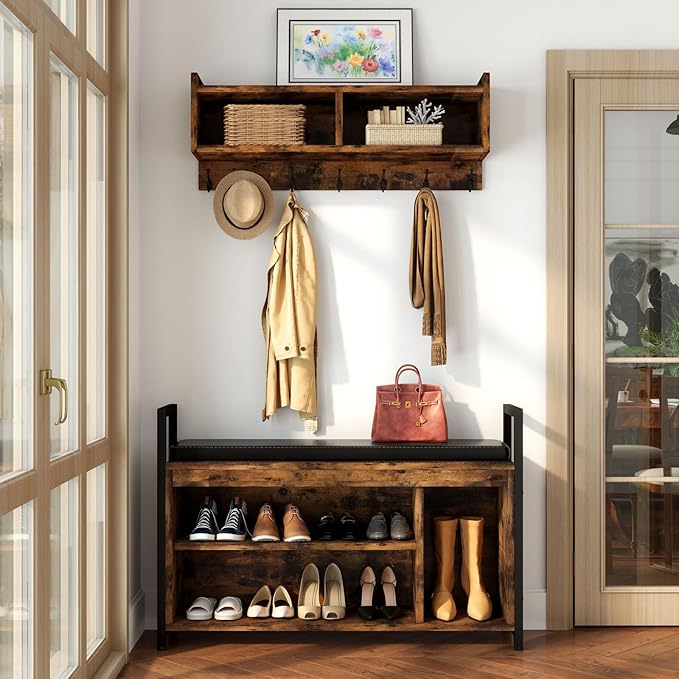YITAHOME Coat Rack Shoe Bench Set, Wall Coat Rack with Shoe Storage, Industrial Entryway Shoe Bench with Coat Rack, 2 Storage Cubbies with Lip Top for Entryway, Hallway, Rustic Brown