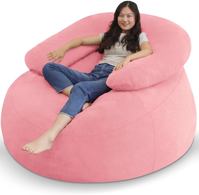 HABUTWAY Bean Bag Chair with U-shaped Pillow for Adult and Kids Big BeanBag Chair with Filling Ultra Soft Faux Fur Couch Chair with Washable Cover for Living Room Bedroom Office, Light Pink&Light Pink