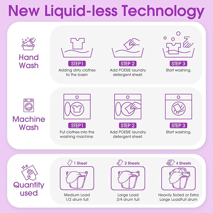 Poesie Laundry Detergent Sheets Lavender Scent 160 Sheets 80 Large Loads Soap Sheets Eco-Friendly Zero Plastic Hypoallergenic Portable Green Package Liquid Less HE Washing Detergent Strips for Save Place Traveling No Waste