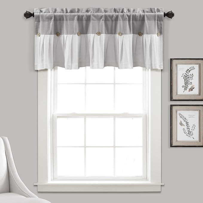 Lush Decor Linen Button Farmhouse Valance Curtians 52"W x 18"L Gray & Off White by LushDecor