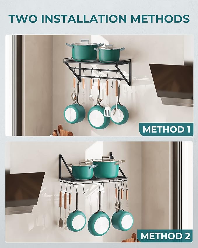 OROPY 23 Inch Wall Mounted Pot Rack Storage Shelf with 2 Tier Hanging Rails 12 S Hooks included, Ideal for Pans, Utensils, Cookware, Plant Black