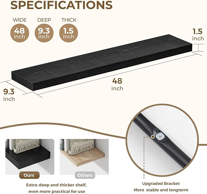 48 Inches Floating Shelves for Wall, 9.3" Deep Long Floating Shelves Set of 1, Large Display & Storage Shelf, Wall Shelf for Bathroom Bedroom Living Room Kitchen Office, Black