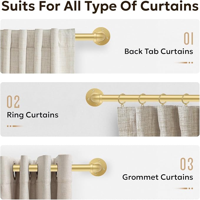 Zeerobee Curtain Rods for Windows 48 to 84, 1 Inch Industrial Wrap Around Gold - Image 8