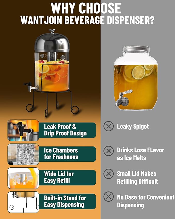 Wantjoin Beverage Dispenser With Stand - 2 Gallon Drink Dispenser With Stand Juice Dispensers For Parties, Ice Core, Spigot, Visible Container For Lemonade, Cocktail, Sangria, Punch, Events, Buffet
