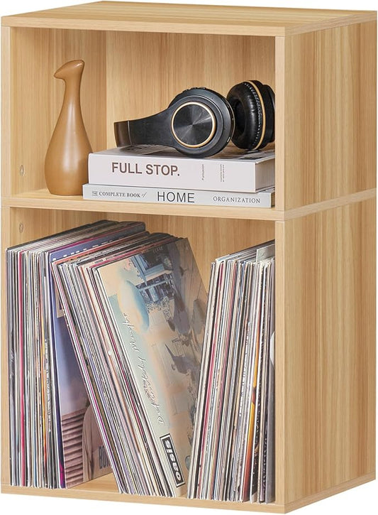 LEYAOYAO 2 Cube Bookshelf,Natural Record Player Stand Holds up to 100 Albums, Mini Wood Book Shelf Storage Organizer,Turntable Stand with Vinyl Storage Cabinet, Narrow Open Bookcase for Small Spaces