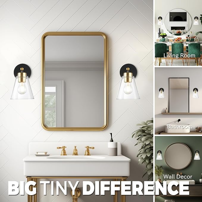 Hamilyeah Black and Gold Wall Sconces Set of 2, Bathroom Sconces Wall Lighting Fixture Indoor with Glass Shade, Mordern Black Wall Sconce Lighting for Kitchen, Hallway, Living Room