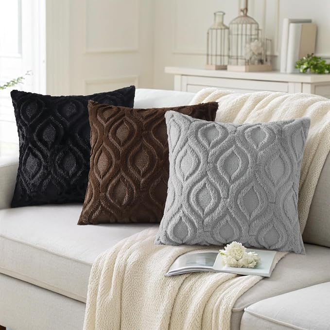 decorUhome Throw Pillow Covers 24x24 Inch Set of 2, Soft Plush Faux Wool Black - Image 4