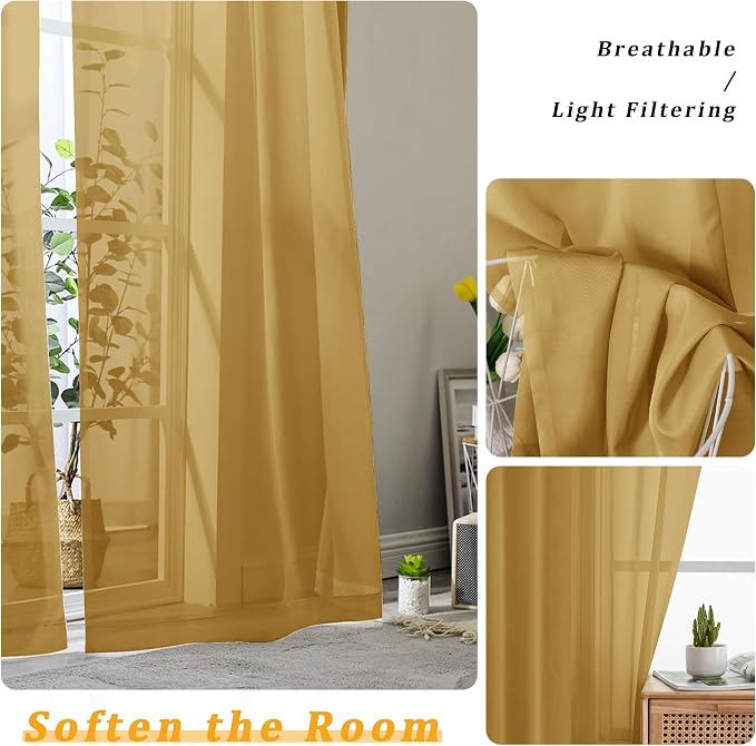 Gwine Gold Sheer Curtain Tiers 24 Inch Length, Light Filtering Voile Short - Image 4