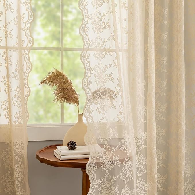 YJ YANJUN Vintage Lace Curtains 132 Inches Long-Victorian Floral Fancy Beige - Image 4