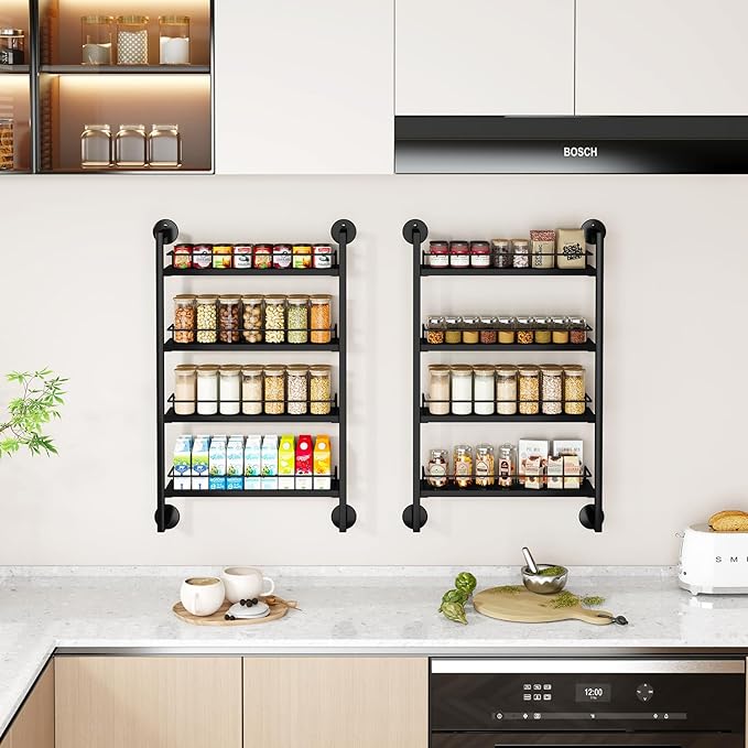 IBUYKE Spice Rack Wall Mount,4 Tier Hanging Seasoning Organizer, Spice Rack for Wall for up to 50 Jars,Spice Organization for Kitchen Cabinet,Living Room,Bathroom,Pantry,Black UTLJ016B