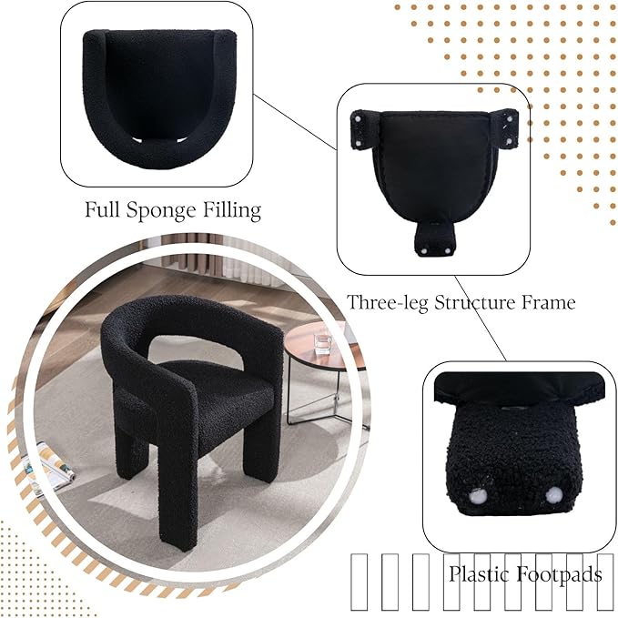 Black Sherpa Dining Chairs Set of 4, Modern Barrel Dining Room Chairs Upholstered Faux Fur Accent Chair with Arms and Round Back for Living Room Kitchen Armchair No Assembly Needed