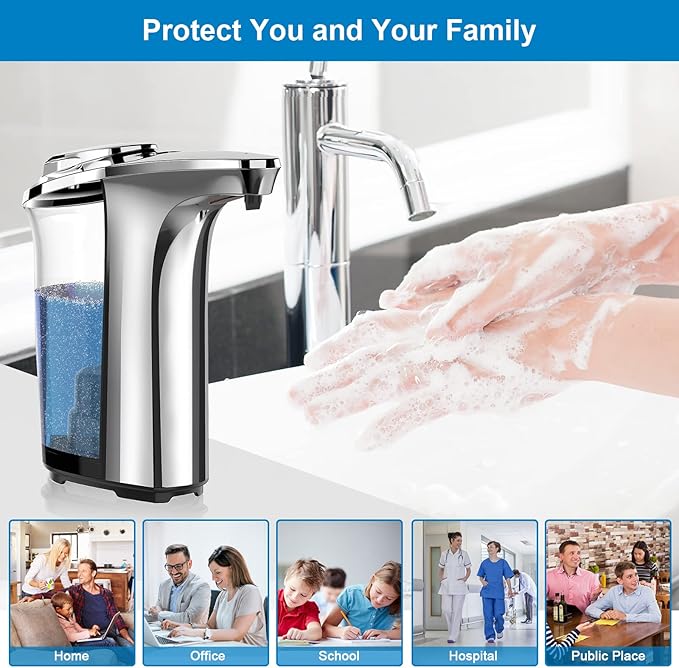 Automatic Soap Dispenser, Touchless Dish Soap Dispenser 17oz/500ml with Infrared Sensor, 5 Adjustable Soap Levels, Liquid Dispenser for Bathroom Kitchen (Silver)