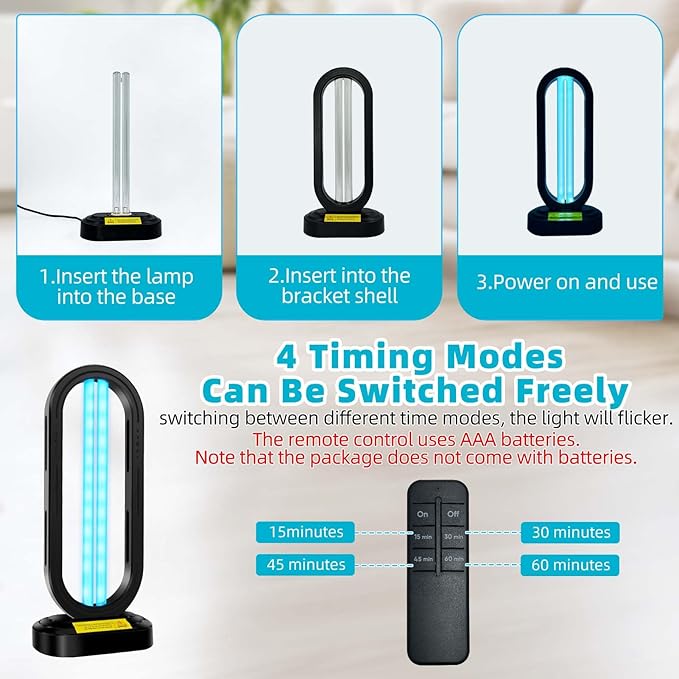 UV Light Sanitizer,4-Speed Timing and Remote Control UVC Home Disinfection Device,Portable Ultraviolet Light Sanitizer for Dust Mites,UV Lamp for Whole Room,Black
