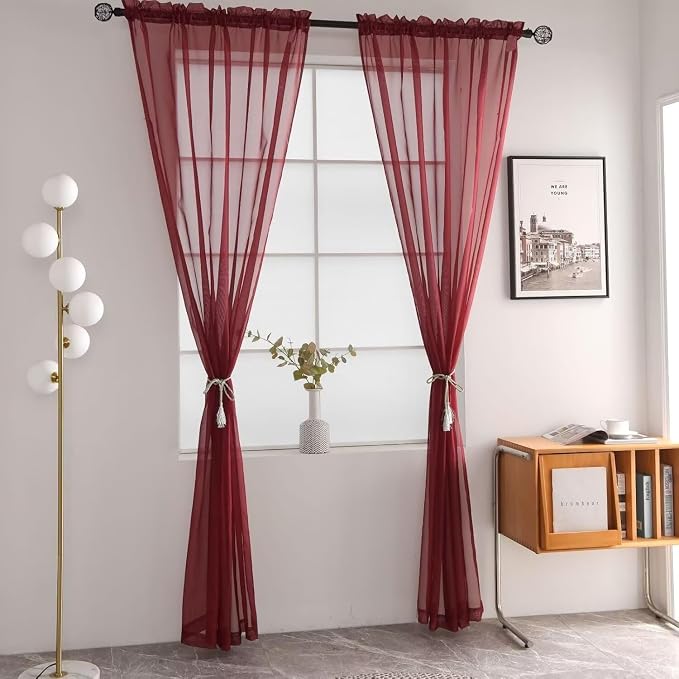 SpaceDresser Burgundy Sheer Curtains 4 Panels Rod Pocket Semi-Sheer Curtain 108 - Image 3