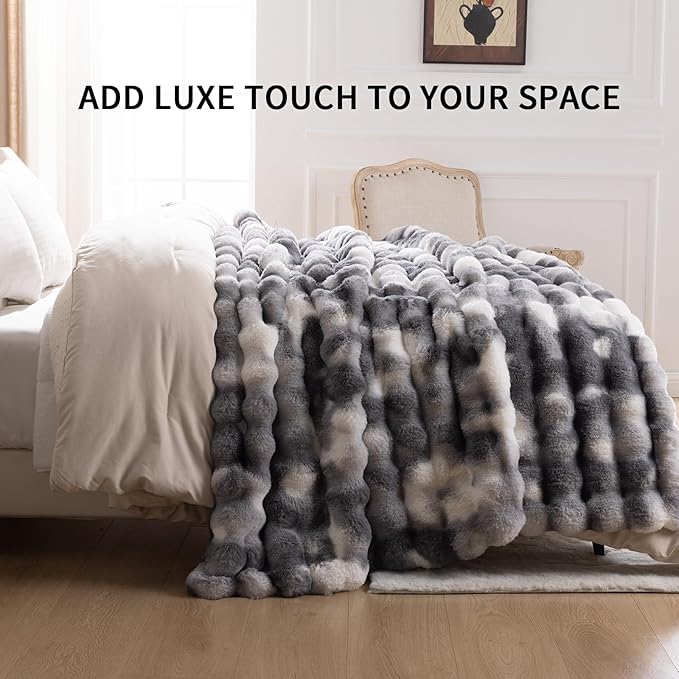 Cozy Faux Fur Throw Blanket for Bed Warm Fuzzy Throw Blanket, Soft Plush Thick Bubble Blankets for Bedroom and Living Room, Furry Luxury Blanket, 60 x 80,Tie-Dye Grey
