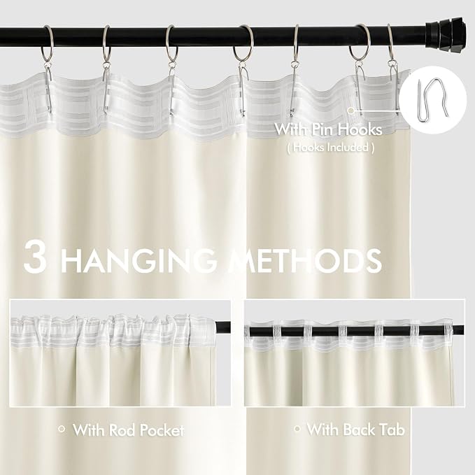 MIULEE Cream Back Tab Blackout Curtains 52x72 Inches Long 2 Panels Set | Rod - Image 3