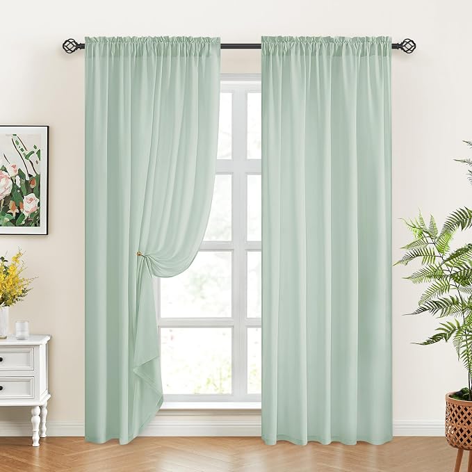 HOMEIDEAS Non-See-Through Sage Green Privacy Sheer Curtains, 52 X 96 Inches - Image 2