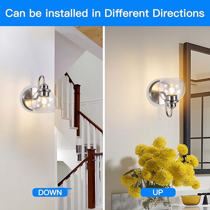 Farmhouse Gooseneck Wall Sconces Set of Two, Bathroom Brushed Nickel Vanity Light, Modern Indoor Wall Light Fixtures with Clear Glass for Bathroom Beside Mirror Living Room Hallway(Brushed Nickel)