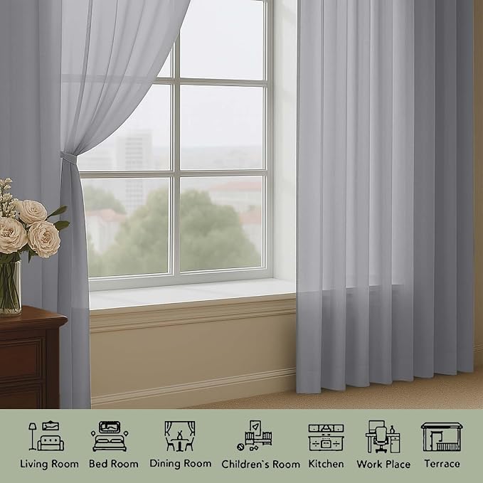 Grey Sheer Curtains 120 Inches Long 2 Panels Set, Airy Lightweight Sheer Grey - Image 3