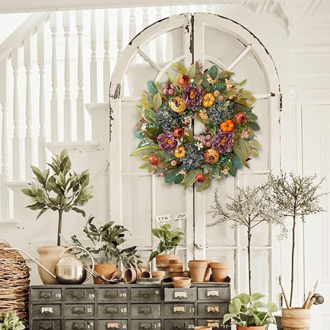 WANNA-CUL 24 Inch Spring Fall Wreaths for Front Door with Blue Hydrangea, Fall Wreath Front Door with Purple Orange Peony and Pumpkins-Fall Decoration for Home-Large Fall Decor Door Wreath for Autumn