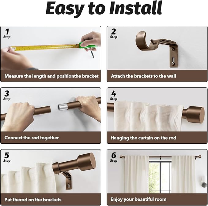 GEEBOBO Bronze Curtain Rods for Windows 120 to 240 Inch, 1 Inch Extra Long - Image 7