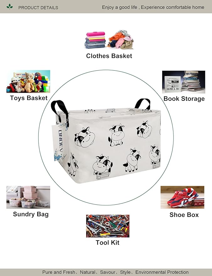 Rectangular Folding Laundry Basket,Canvas Basket,Nersury Hamper,Suitable for Children,Office,Bedroom,Clothes,Toys Storage (REC Cow), 14.9’’L ×10.2’’W×9.05’’H inches