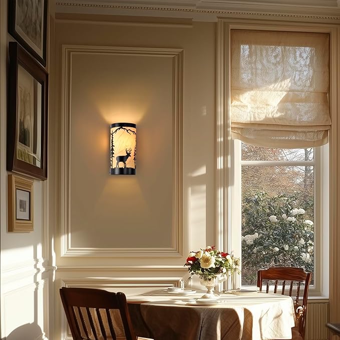 Wall Sconces Set of Two,Deer Metal Yellow Parchment Rustic Wall Sconces,Farmhouse Matte Black Wall Mount Lamp,Vintage Bedroom Wall Lights,Indoor Wall Lamps for Living Room,Hallway,Porch