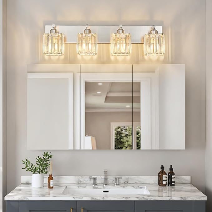 Modern Vanity Light 4-Lights Brushed Nickel Vanity Light Crystal Bathroom Wall Light Bathroom Light Fixtures