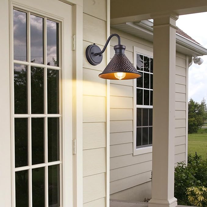 Dusk to Dawn Outdoor Gooseneck Wall Sconce with Dark Sky Cast Hammered Aluminum Shade in Oil Rubbed Bronze Finish,Anti-Rust Waterproof Outdoor Light for Farmhouse Porch Garage,1-Light E26