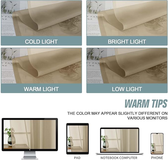 Taupe Small Sheer Curtains 2 Panels Set, Kitchen Curtains 36 Inch Length - Image 7