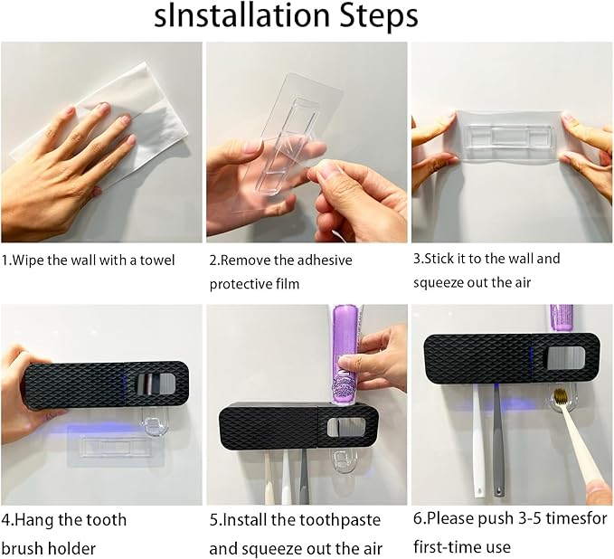 Smart Toothbrush Holder for Bathrooms, Toothbrush Cleaner Wall Mounted, Automatic Toothpaste Dispenser for Equipped with 3 Slots (Black)