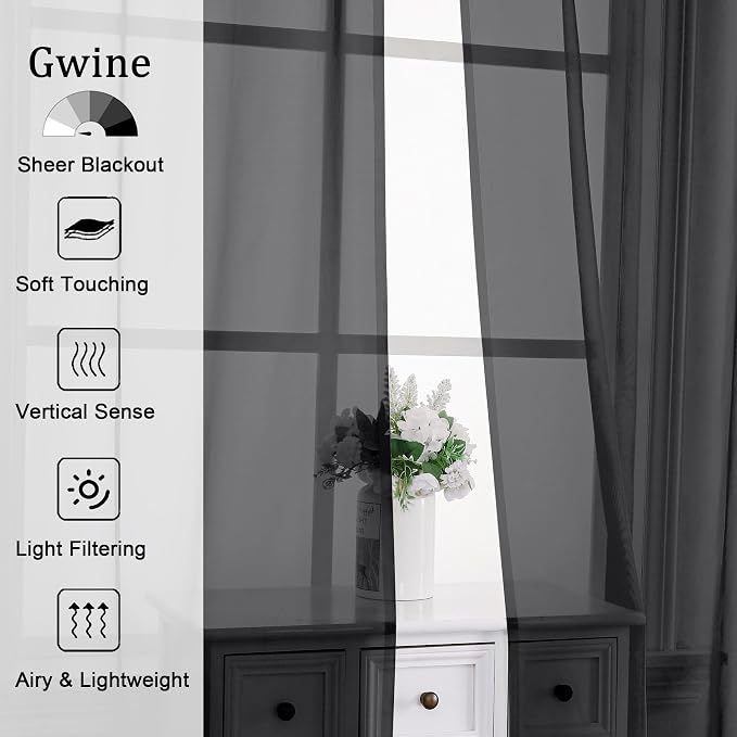 Gwine Sheer Black Curtains 96 Inches Long 2 Panels Set, Light Filtering Voile - Image 2