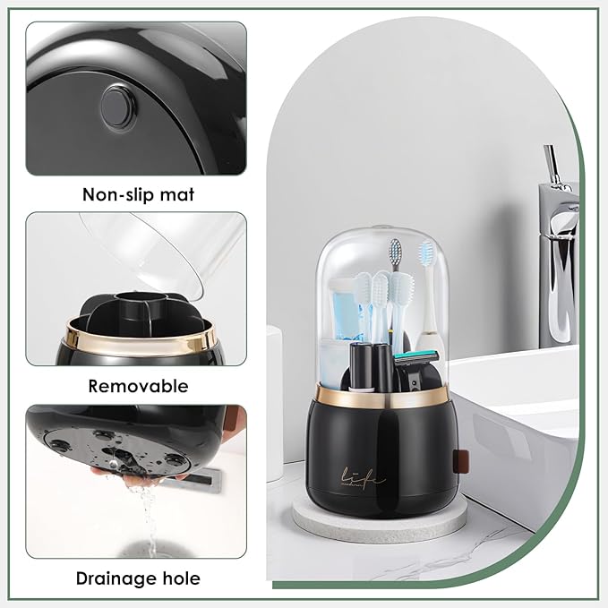 Toothbrush Holders for Bathrooms,Rotating 7-Slot with Cover and Draining Water,Kids Electric Toothbrush Holder and Toothpaste Stand Storage for Bathroom Accessories Counter Organizer Vanity