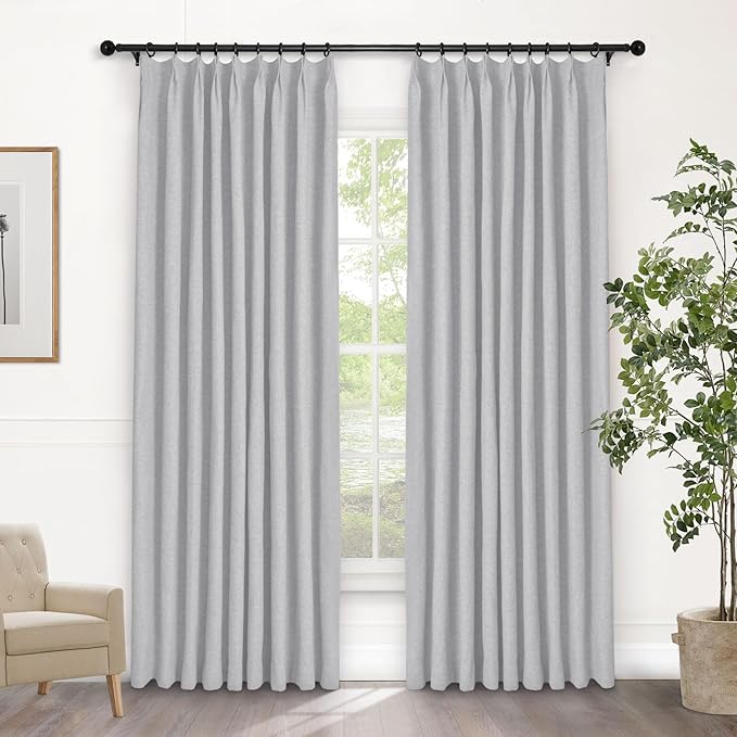 Macochico Pinch Pleated Blackout Curtains 102 Inches Long 100% Light Blocking Silver Grey Linen Drapes for Bedroom Living Room Farmhouse Shabby Chic Burlap Curtains with Tieback 72”Wx102”L 1 Panel
