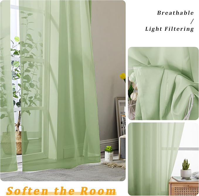 Gwine Light Green Sheer Curtains 84 Inches Long 2 Panels Set - Image 3