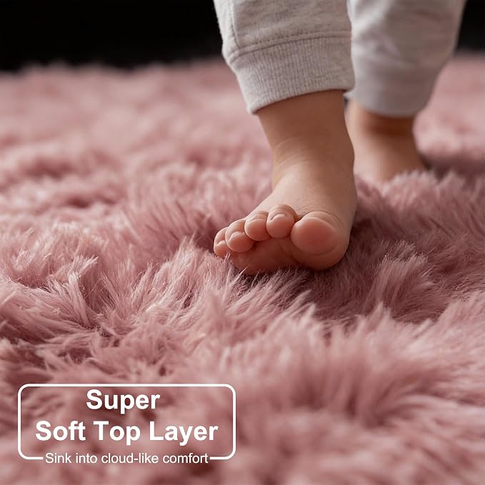 Blush Round Rug 6Ft for Bedroom, Fluffy Fuzzy Plush Circle Area Rugs for Baby - Image 2