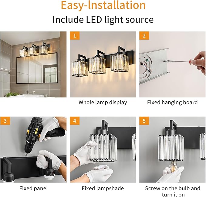 Modern Bathroom Vanity Light 3-Lights Black Crystal Wall Lamp Bathroom Modern Crystal Vanity Lighting