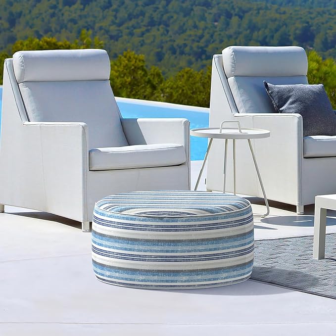LVTXIII Outdoor Inflatable Ottoman, Fade-Resistant Round Footrest Stool D31”x H14”, Portable Patio Pouf for Garden Camping or Home Use, Stripe Layered Blue