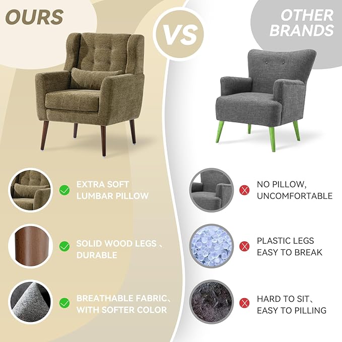 Modern Accent Chair, Upholstered Armchair with Pillow, Fabric Single Sofa Chair with Lounge Seat and Wood Legs Accent Chair for Living Room Bedroom Small Spaces (Avocado, Set of 1)
