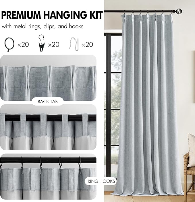 MIULEE Grayish Blue Pinch Pleated 100% Blackout Linen Curtains 40x63 Inches | - Image 8