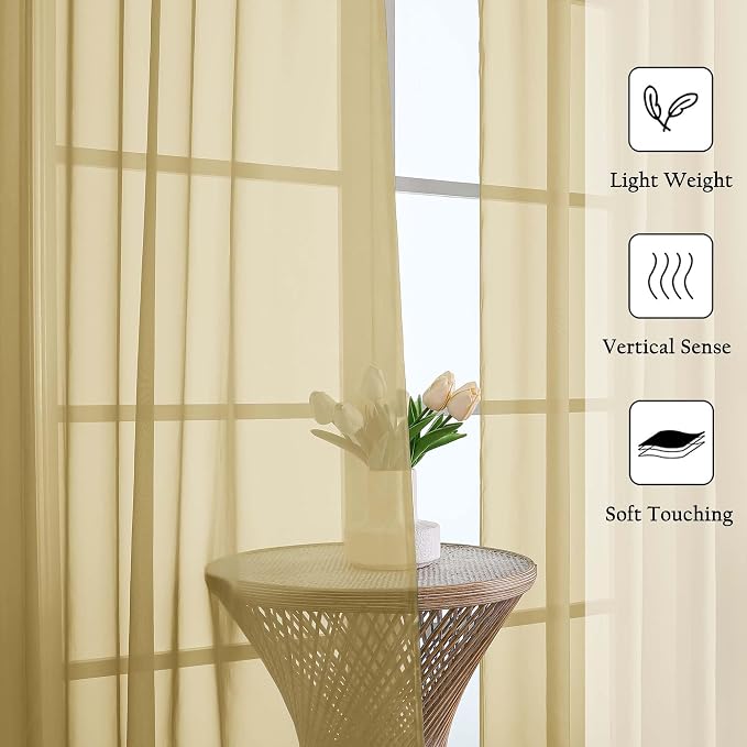 Gold Sheer Curtains 120 Inches Long 2 Panels Set, Rod Pockets Light Filtering - Image 2