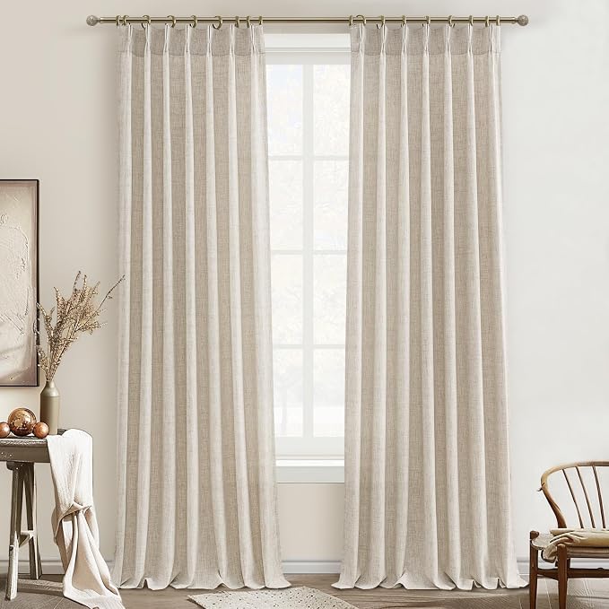 Natural Pinch Pleated Linen Curtains 92 Inches Long 2 Panels Set by PleatedDrapes