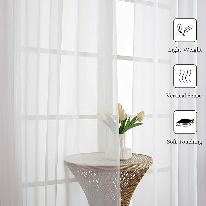 Lecloud White Sheer Curtains 90 Inches Long 2 Panels, Light Filtering Airy - Image 3