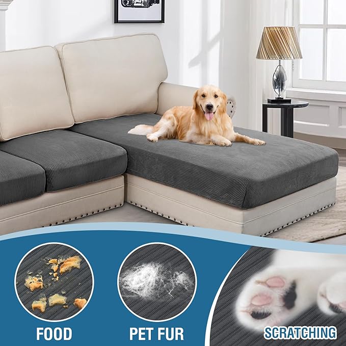 H.VERSAILTEX Velvet Stretch Sectional Couch Covers 4 Pieces Sofa Seat Cushion Covers L Shape Separate Cushion for Both Left/Right Couch (Large Sofa 3 Seater + 1 Chaise, Grey Striped)