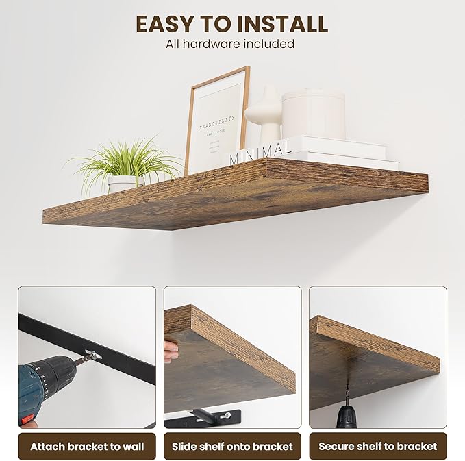 40" Floating Shelves for Wall, 12" Deep Slim Rustic Brown Floating Shelves, Wall-Mounted Shelves for Bedroom, Living Room, Kitchen, Bathroom - Set of 2