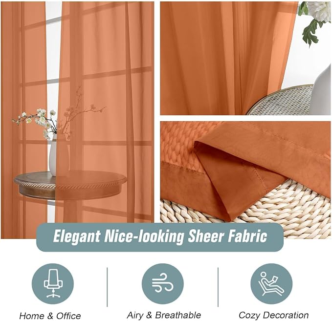 Orange Sheer Curtains for Window 72 inches Long 2 Panels Set, Soft Airy Modern - Image 4