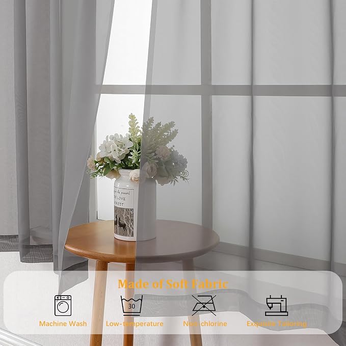 Gwine Charcoal Grey Sheer Curtain Tiers 24 Inch Length, Light Filtering Voile - Image 8