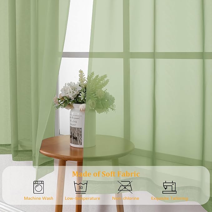 Gwine Light Green Sheer Curtains 30 Inch Length, Short Light Filtering Voile - Image 7